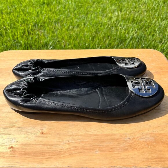 Tory Burch Minnie Black Leather Travel Ballet Flats Size 12 - Picture 4 of 9